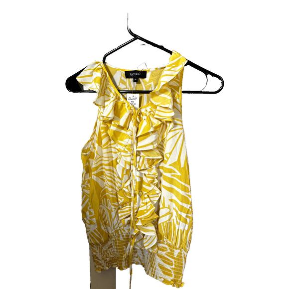 New Tropical Silk yellow Ruffled sleeveless top XS old money travel career glam - Picture 1 of 3
